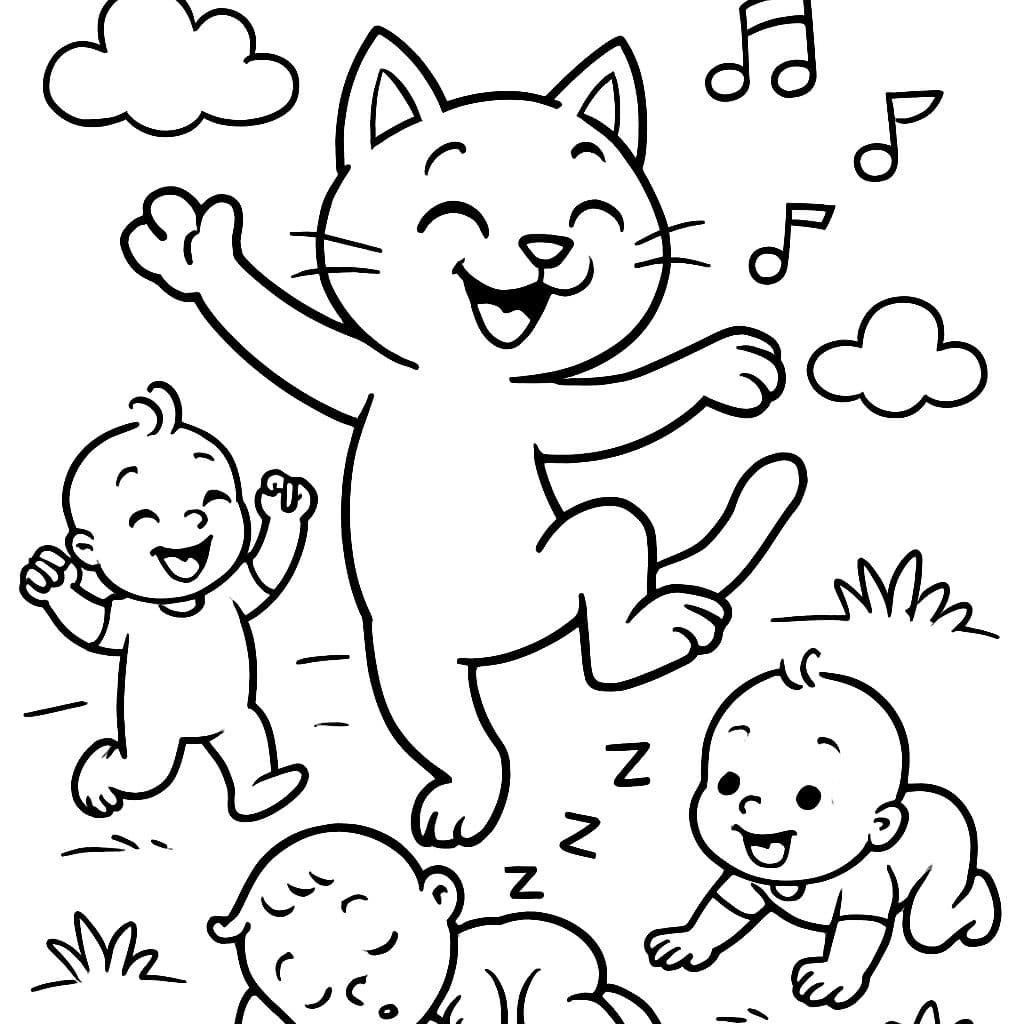 Gato bailando con bebés bailando, durmiendo y acostados