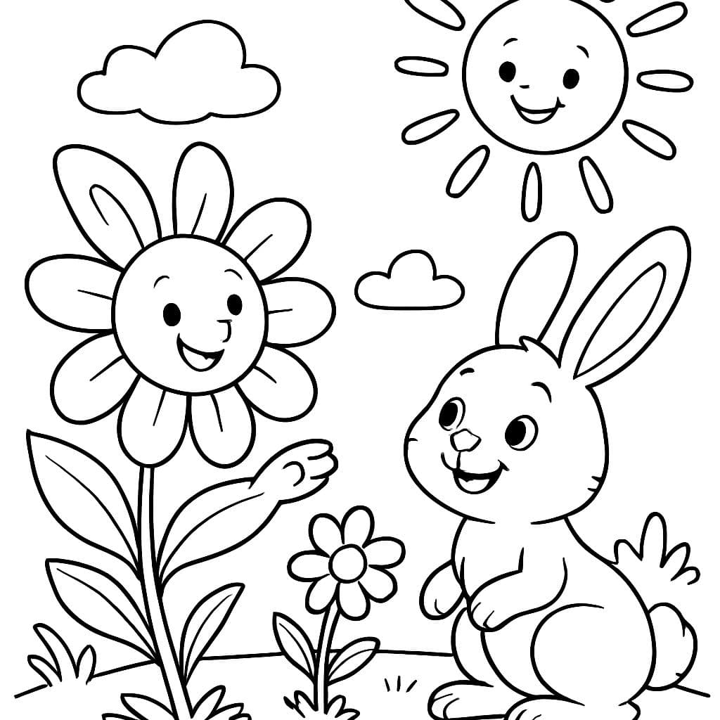 Uma pequena flor e uma flor grande e dois coelhinhos fofos. Há um sol no céu.