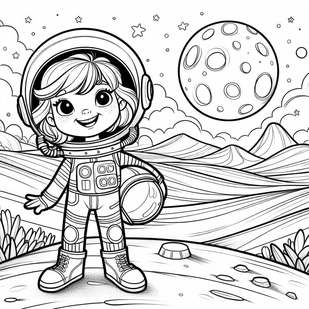 Four year old caucasian girl with blonde hair in an astronaut suit on mars