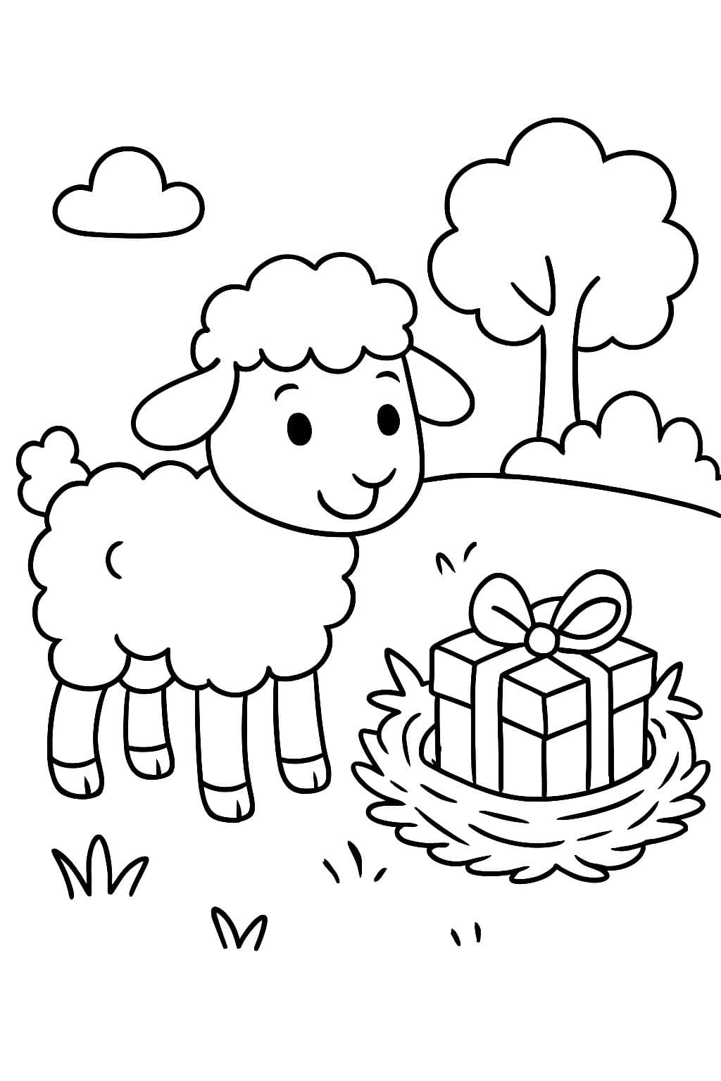 Lämmchen mit einem Nest, in dem sich ein Päckchen befindet