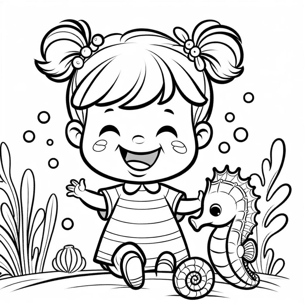 Une petite fille souriante avec des couettes montant un hippocampe.
