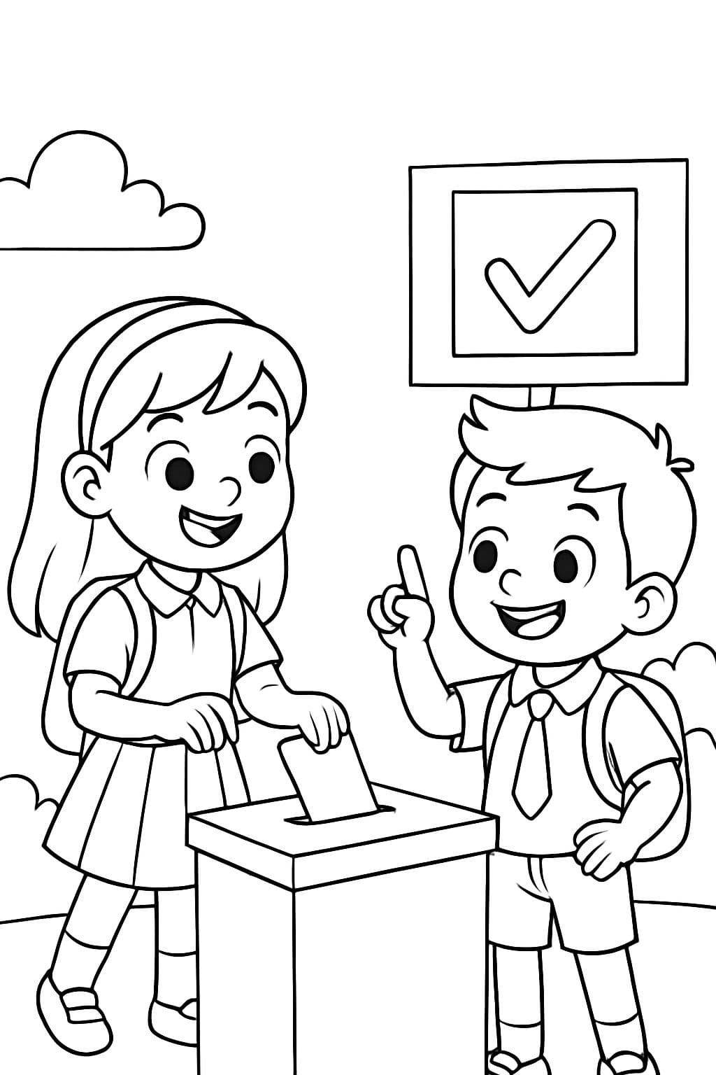 Una niña de colegio y un niño de colegio votando.