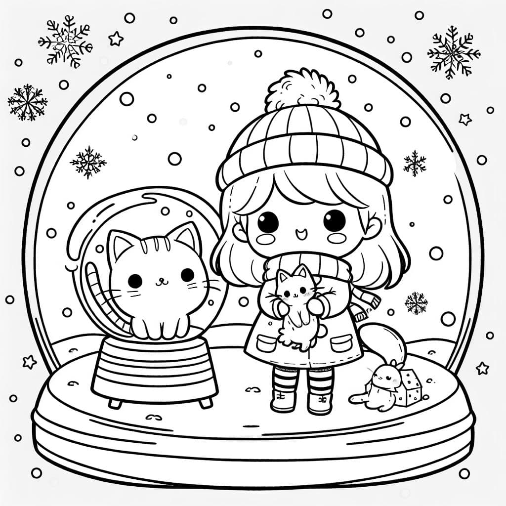 A winter snowglobe that has a girl holding a cat and another cat inside
