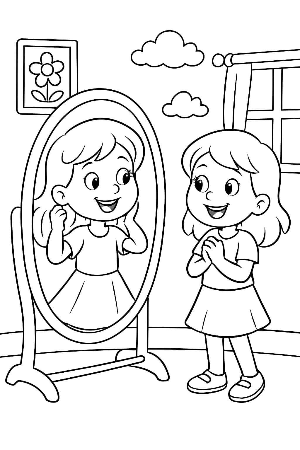 Une fille regarde dans le miroir et une autre fille l'observe.