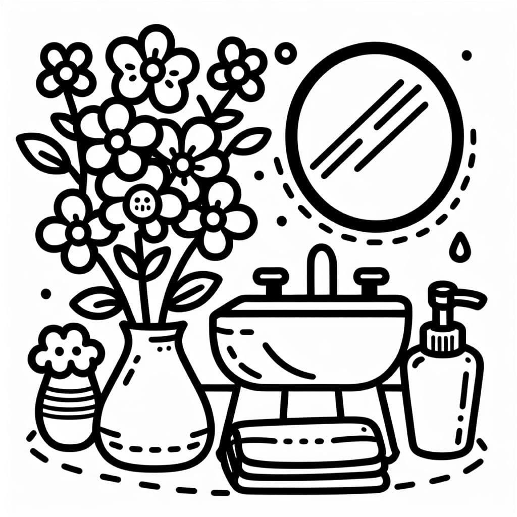 Contours mignons et audacieux d'un lavabo de salle de bain avec un vase de jolies fleurs, un miroir et un gant de toilette.