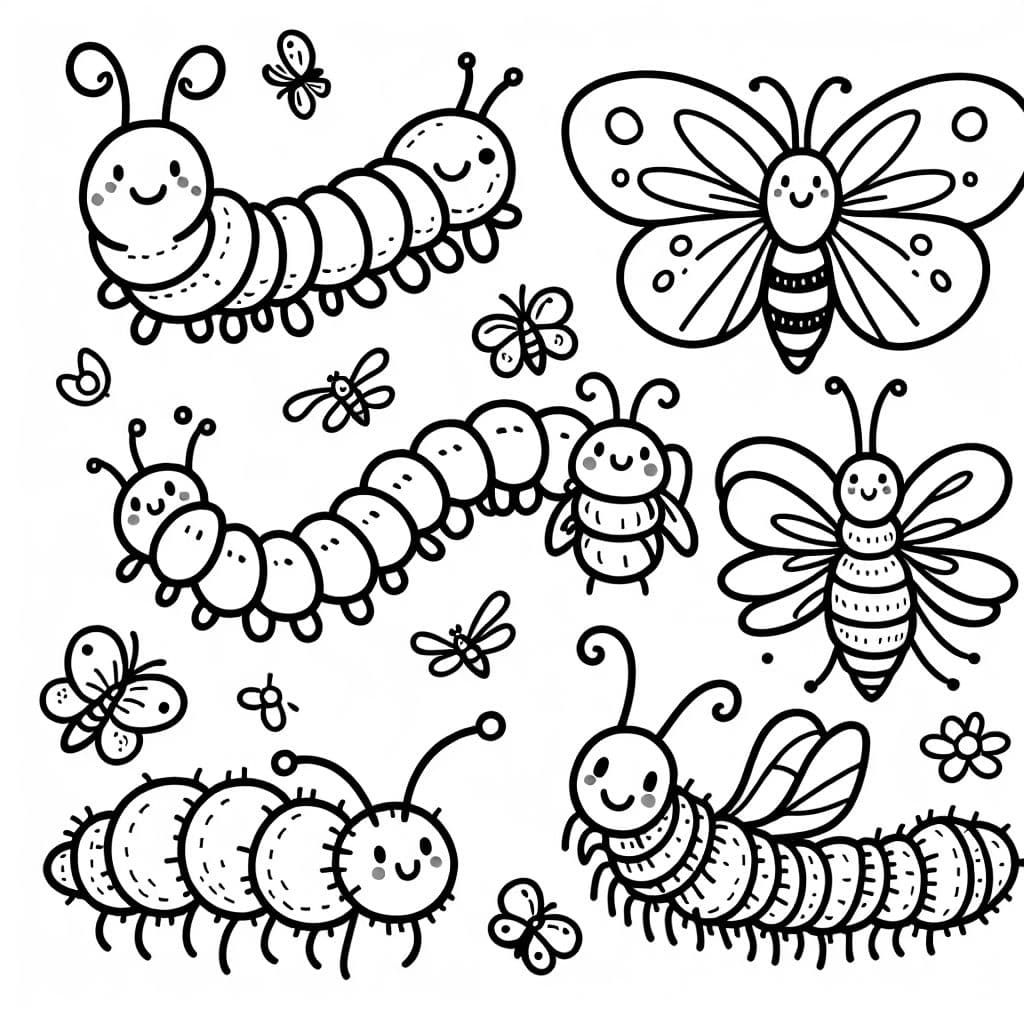 Un grupo de insectos - una oruga, un lombriz, una mariposa, una abeja, una polilla y un grillo