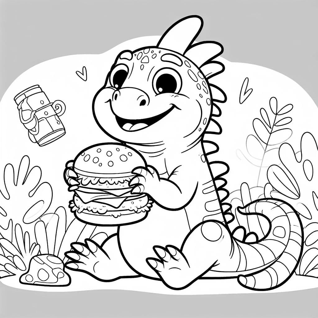 Una iguana comiendo una hamburguesa con queso