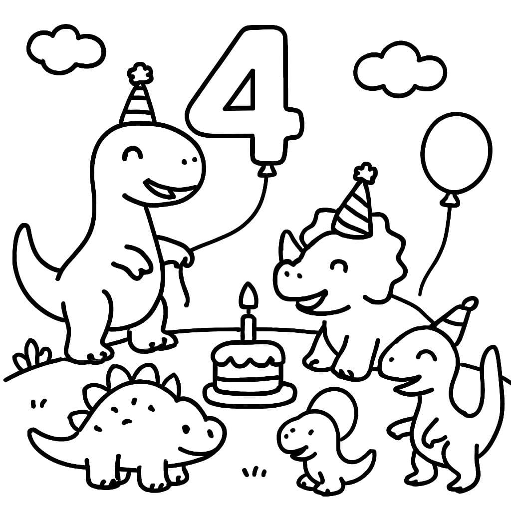 Cinco dinosaurios celebrando un cuarto cumpleaños.
