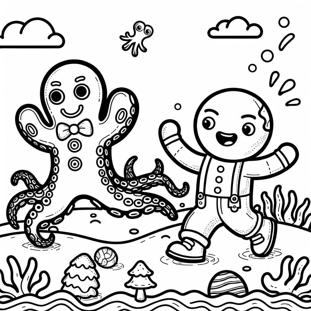 Pfefferkuchenmann der von einem oktopus gejagt wird