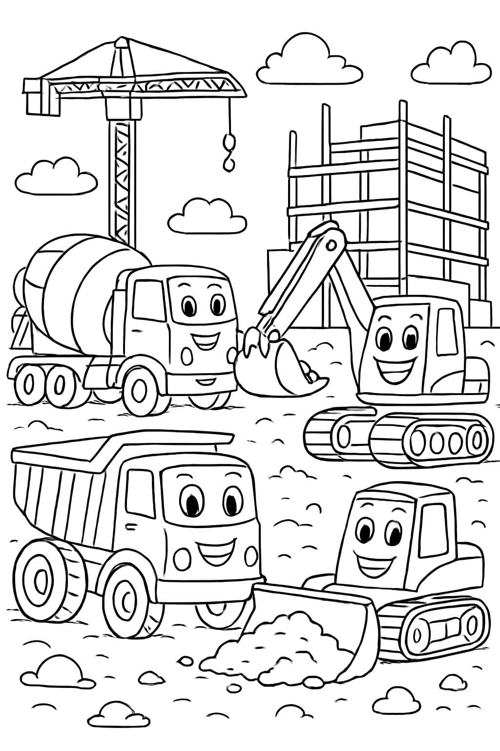 todos los vehículos de construcción en un sitio de construcción