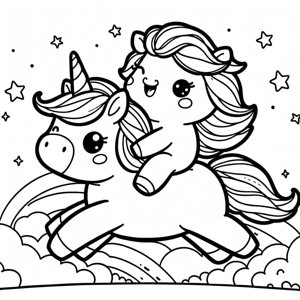 Un unicornio montando sobre otro unicornio, rodeado de arcoíris coloridos y estrellas brillantes.