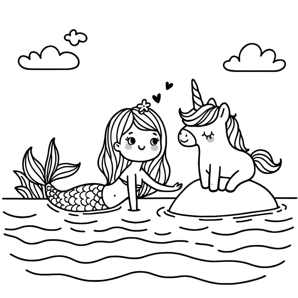 Simple sirène dans l'océan caressant une licorne sur une île