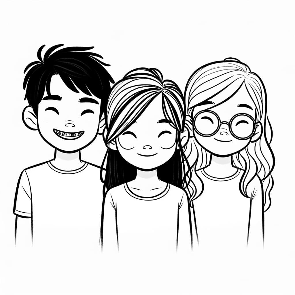 tres adolescentes. Un chico con cabello negro corto y frenillos. Una chica con cabello liso y largo y una chica con cabello rizado y gafas.