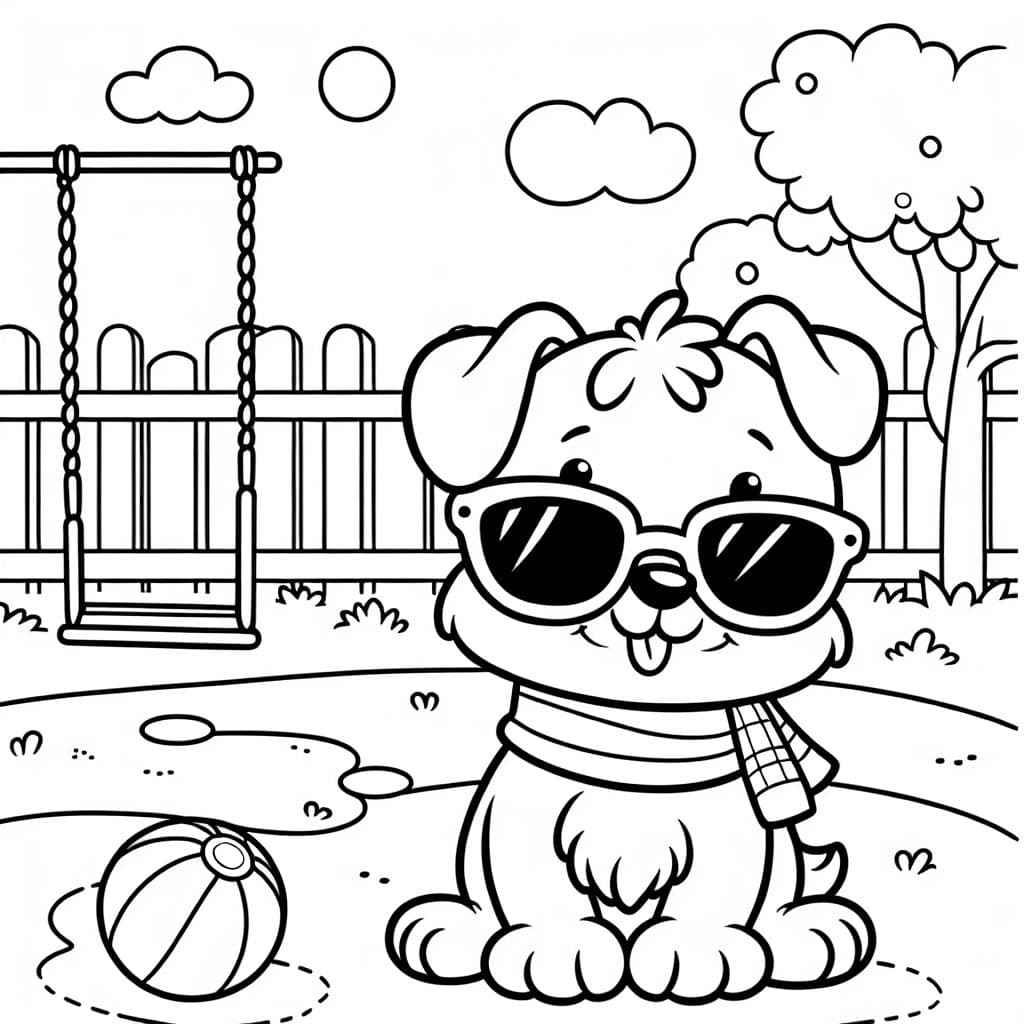 un chien avec des lunettes de soleil sur un terrain de jeux