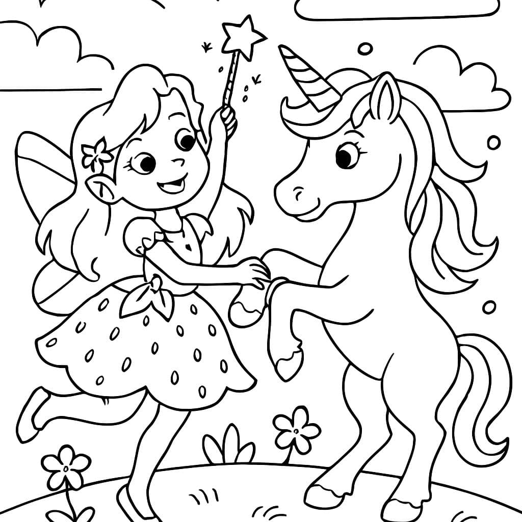 Un hada vestida con un vestido de fresa bailando con un unicornio