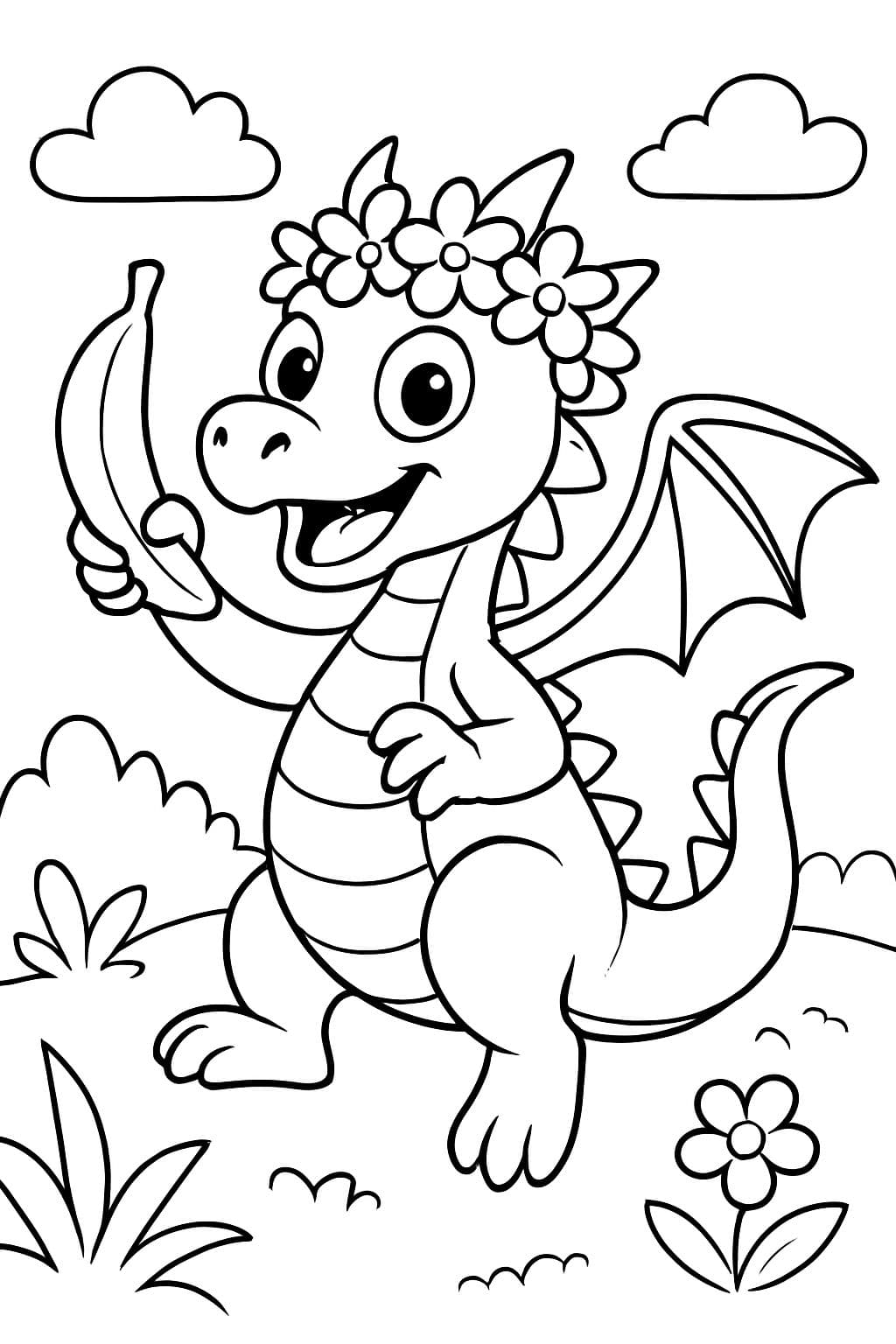 un dragón con una corona de flores y un plátano exactamente igual