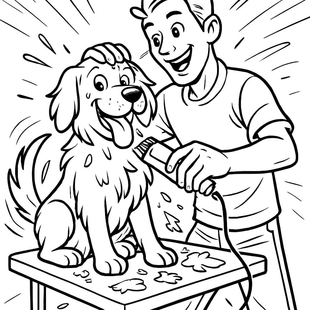 Un perro siendo acicalado por un hombre alto.