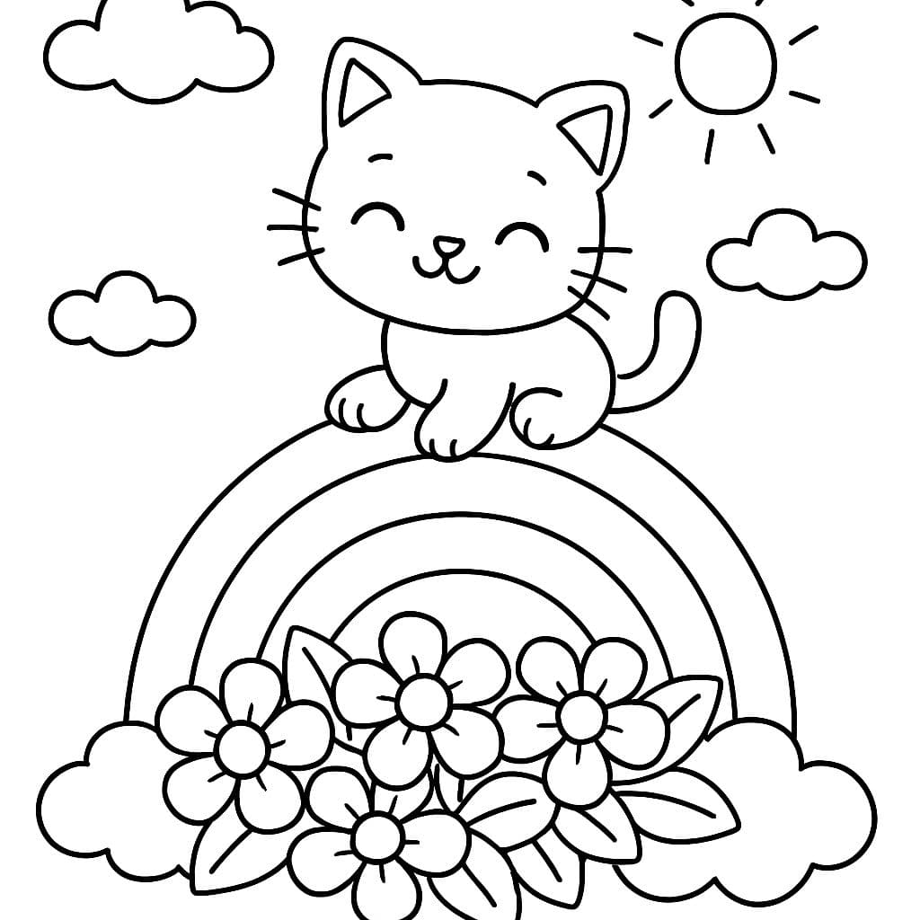 Arcoíris con flores debajo y un gatito encima del arcoíris