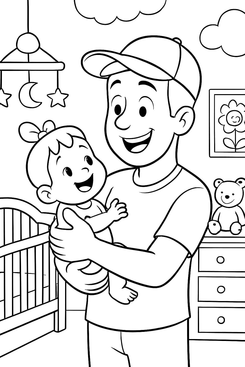 pai com um boné de beisebol, segurando sua menina em seu quarto de bebê.