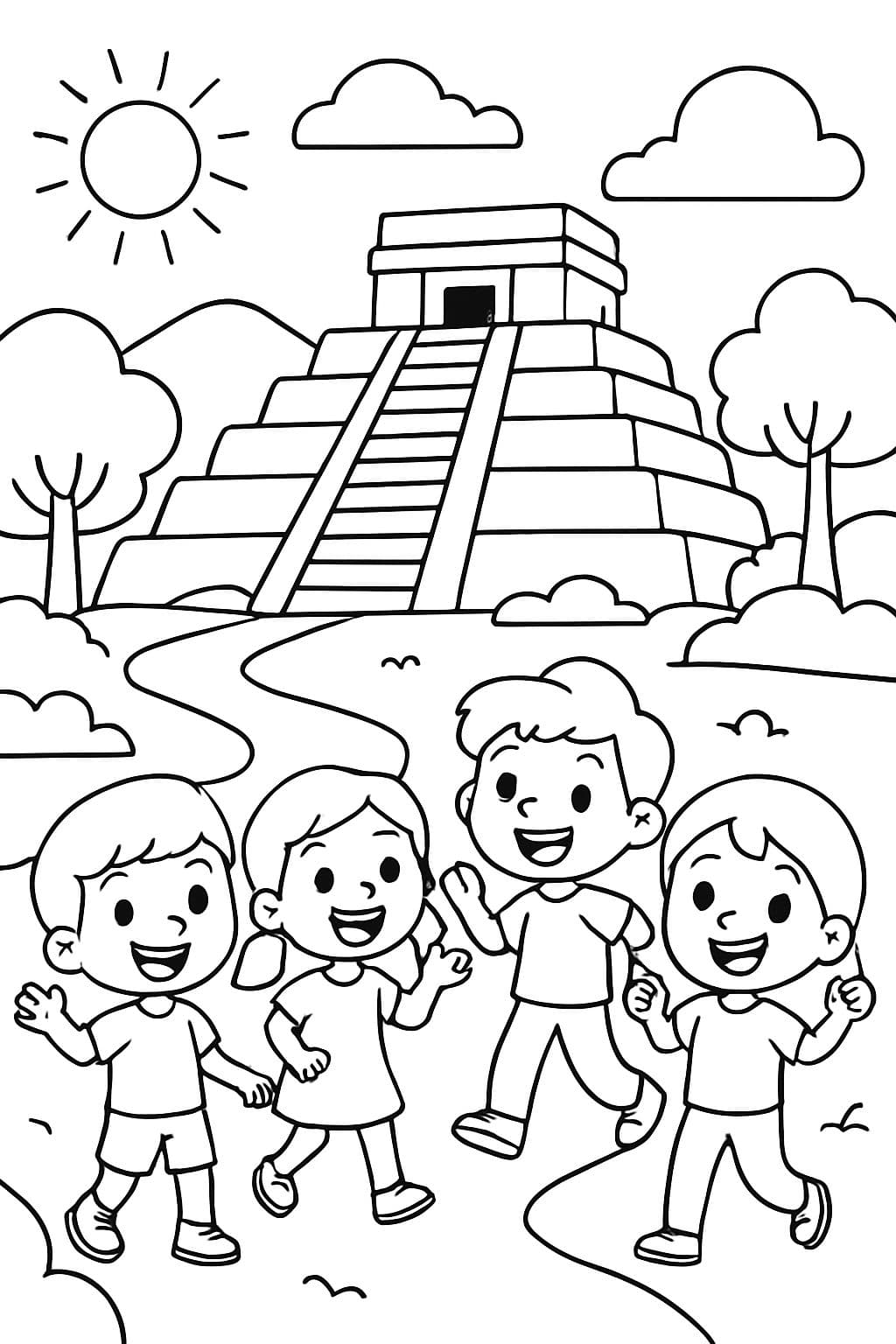 Un camino con un templo de roca y personas enfrente.