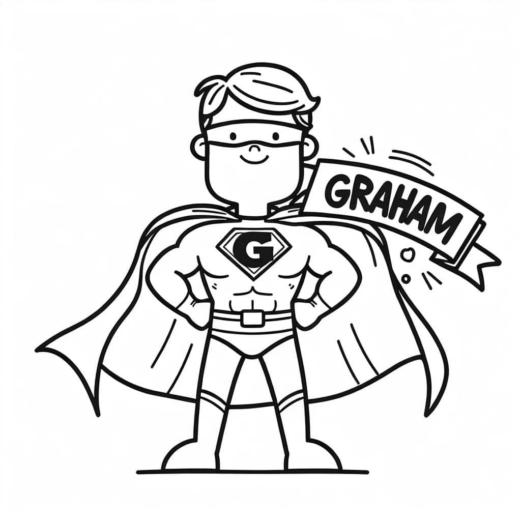 La palabra GRAHAM en una pancarta sostenida por un superhéroe.