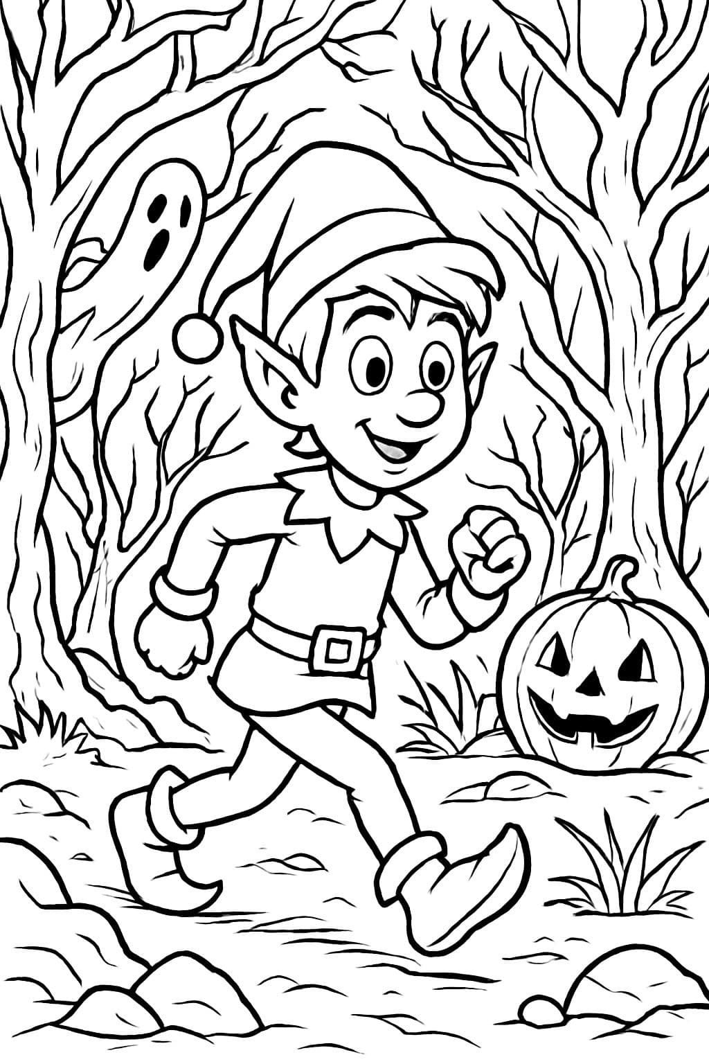 Elfo caminando a través de un bosque espeluznante.