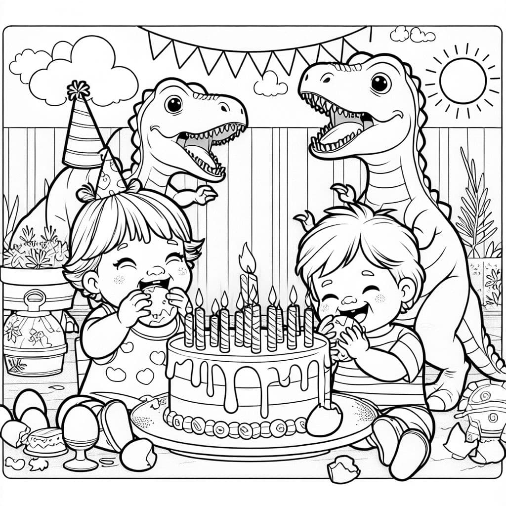 Niña pequeña y niño bebé comiendo pastel de cumpleaños y huevos con dinosaurios