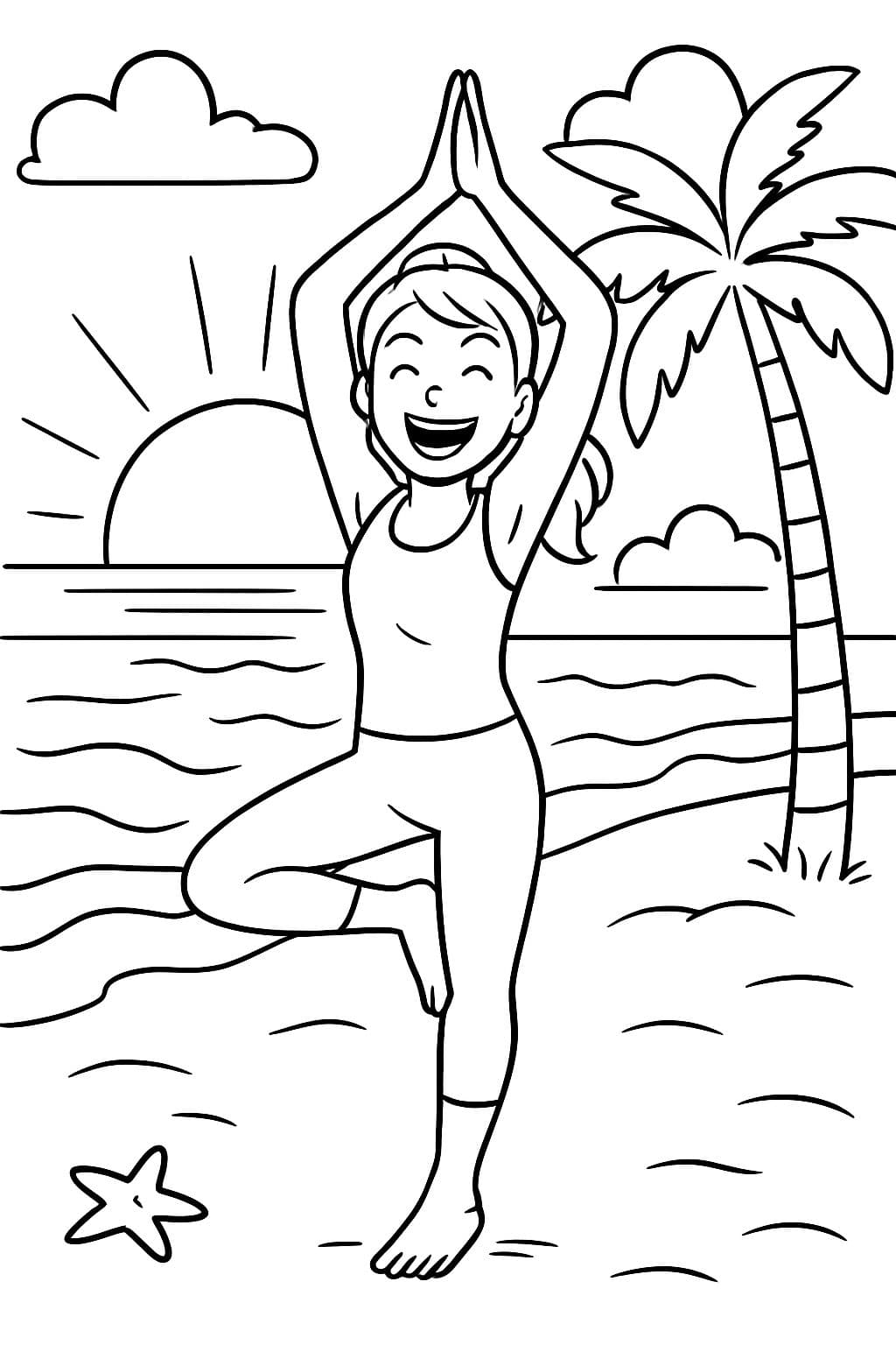 Une femme yoga sur la plage avec un beau coucher du soleil.