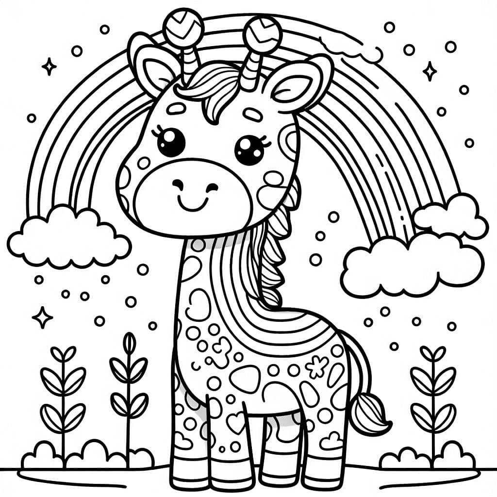 Jirafa con cuerno y arcoíris como patrón de pelaje