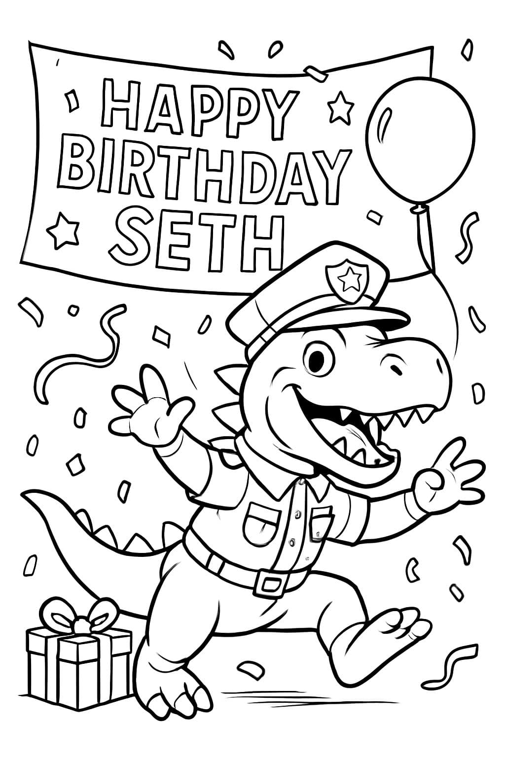Une carte d'anniversaire joyeuse pour Seth. Dinosaure policier.
