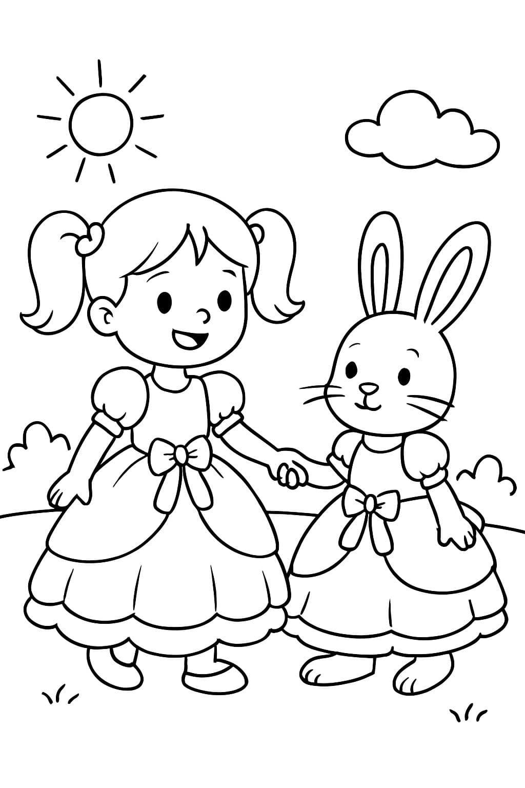A little girl with pigtails holding hands with a bunny both of them wearing fancy poofy dresses.