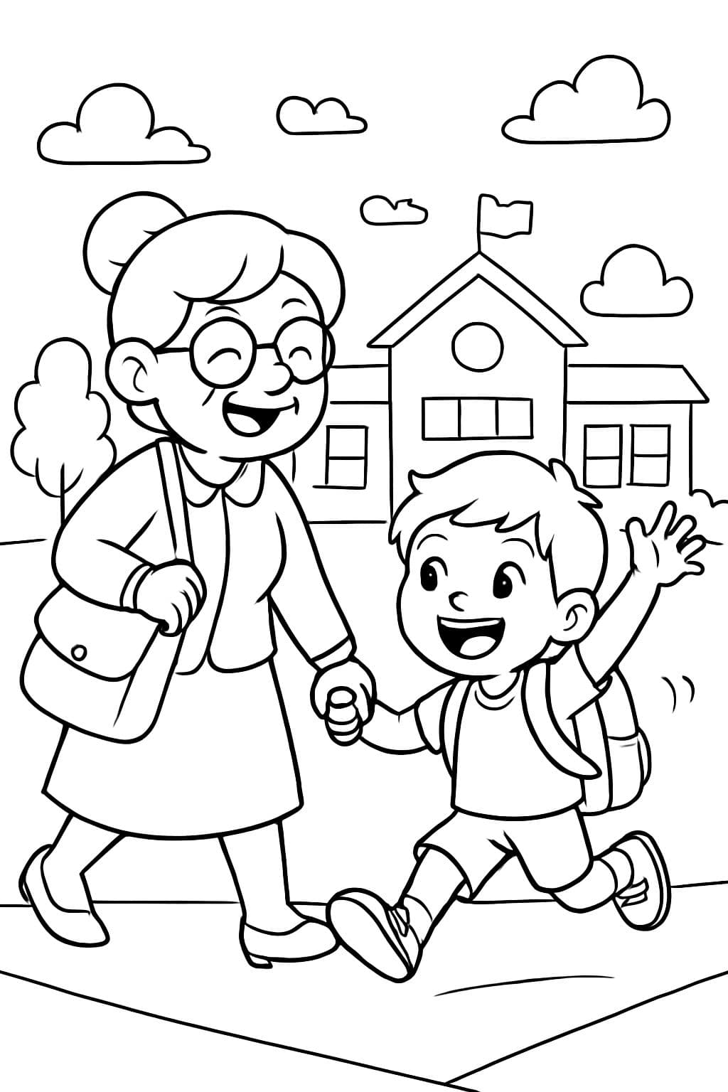 Abuela llevando a su nieto a la escuela felices.