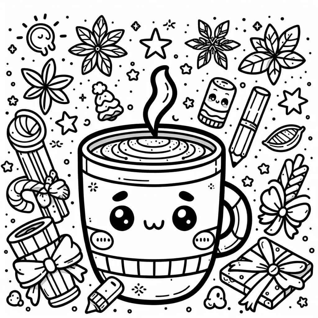 Eine Kaffeetasse mit niedlichen Gesicht kawaii und weihnachtlichen Gewürzen
