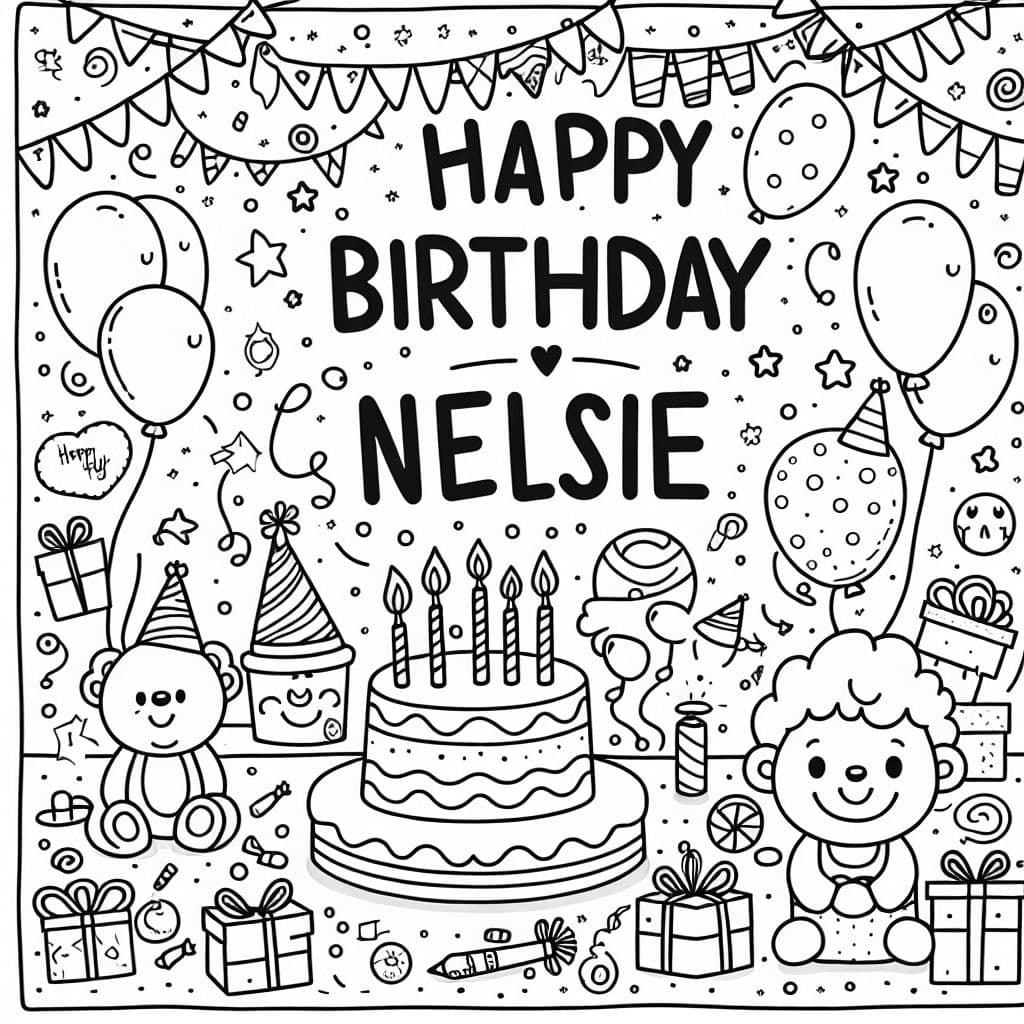 Una hoja para colorear de cumpleaños que dice 'Feliz Cumpleaños Nelsie'.