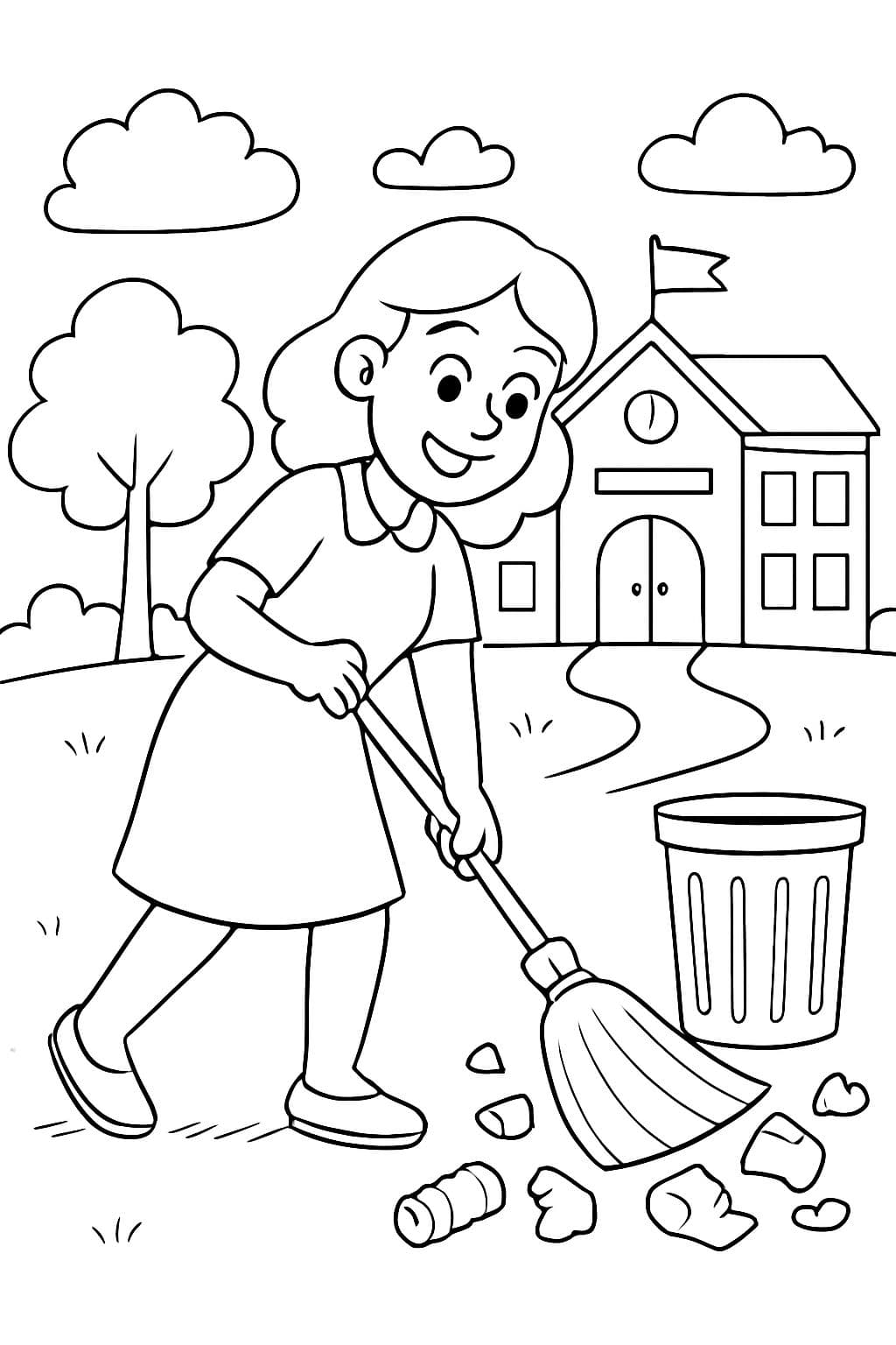 Mujer con escoba recogiendo la basura del colegio.