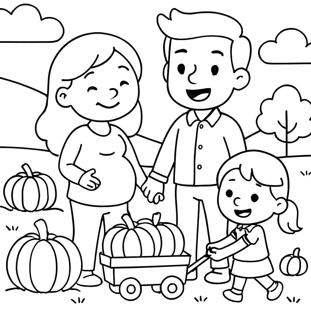 Maman enceinte avec son mari et sa fille dans un champ de citrouilles tirant un chariot de citrouilles.