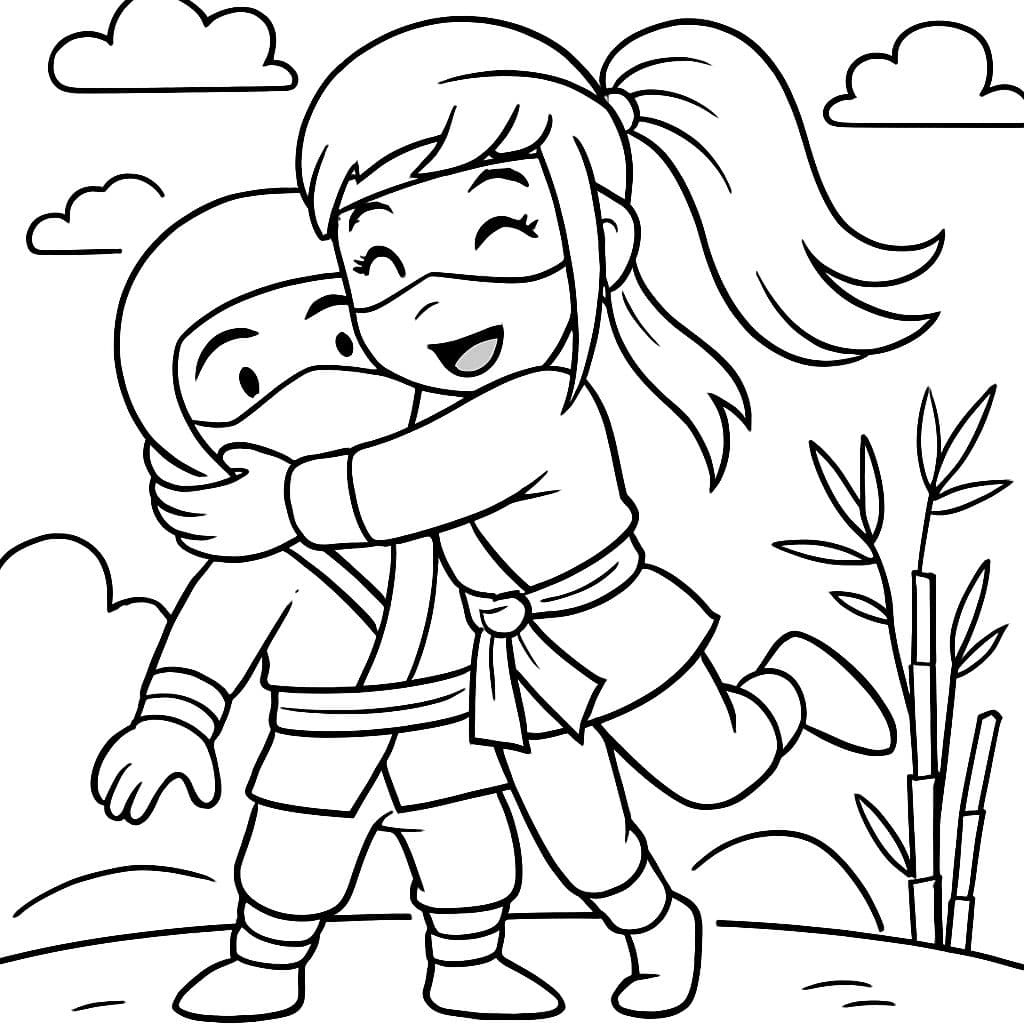 Chica ninja con cabello largo abraza a otro ninja
