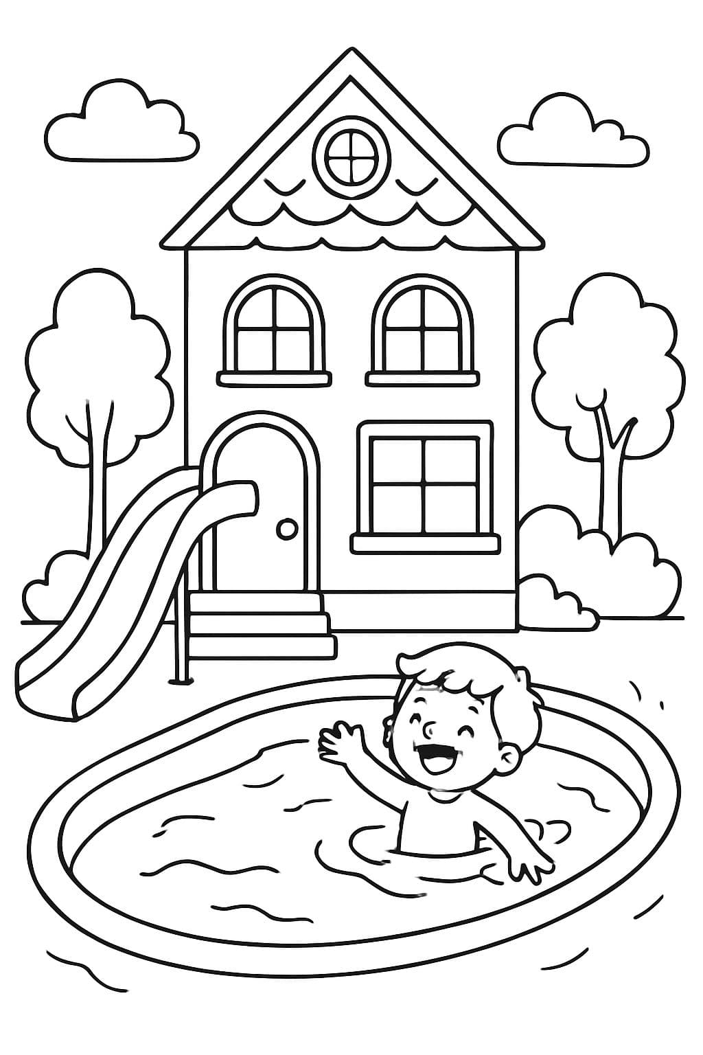 Ein schickes Haus mit einer Rutsche, die zu einem Pool führt