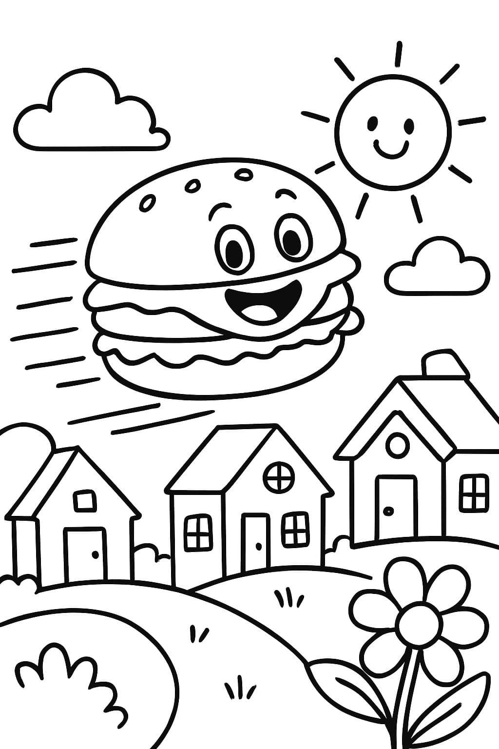 Un hamburger volant vraiment rapide avec des maisons autour.