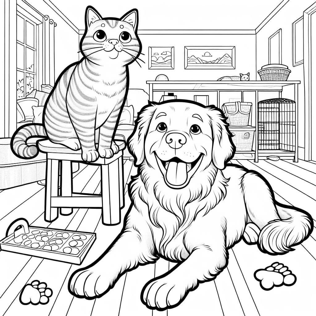 Un gato atigrado y un retriever de Chesapeake en un espacio interior básico juntos.