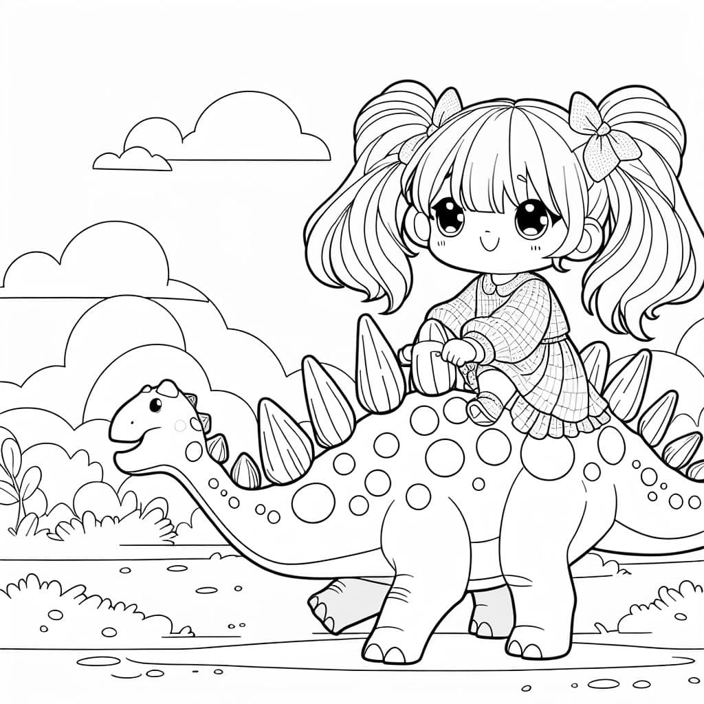 Ein blondes Mädchen mit Zöpfen, das auf einem Stegosaurus reitet.
