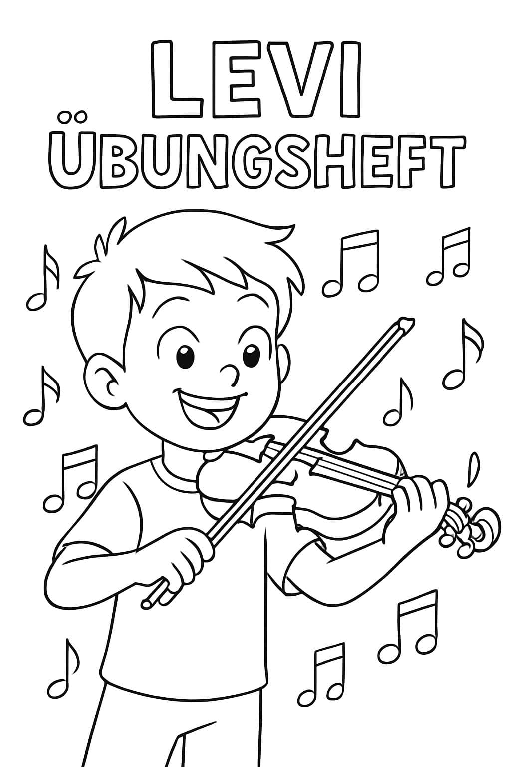 Un garçon de 10 ans joue du violon. En arrière-plan, il y a des notes de musique. En haut, il est écrit 'Cahier d'Exercices de Levi'