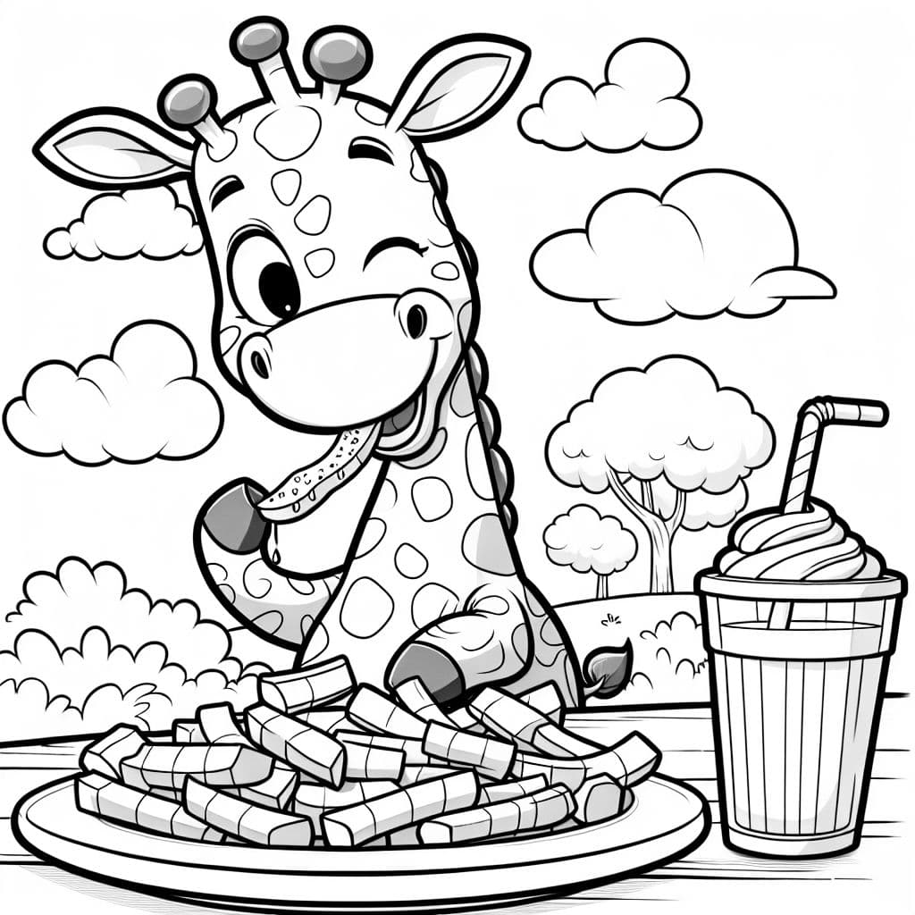 Una jirafa comiendo un plato de papas fritas con mayonesa.