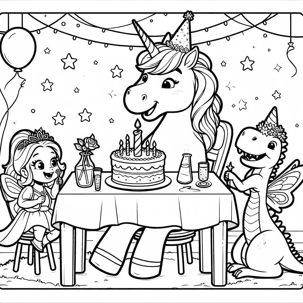 ein Einhorn feiert Geburtstag. es sitzt mit seinen Gästen (eine Fee, eine Prinzessin und ein Dino) am Tisch