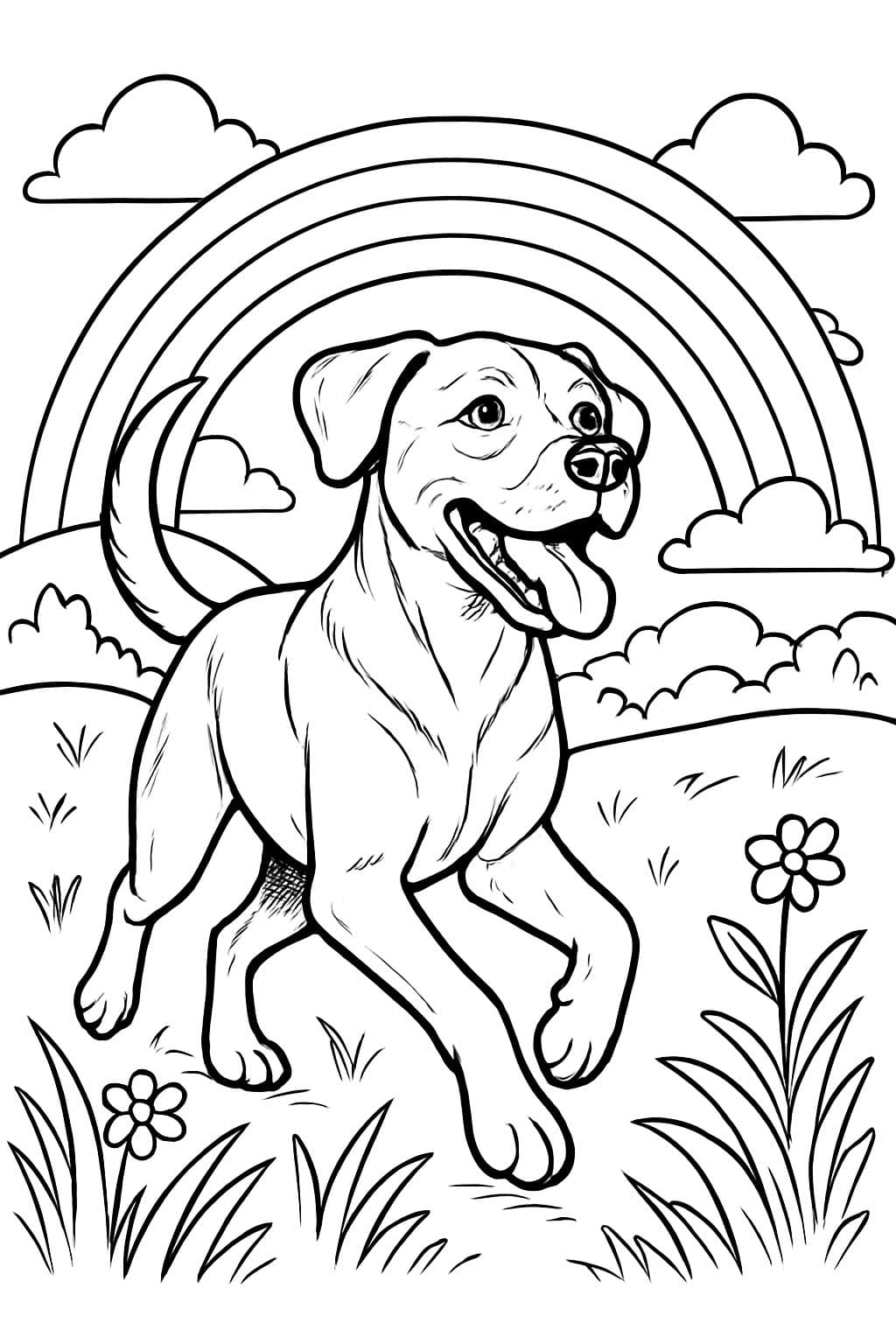 A American Stanford terrier mixed with Rhodesian Ridgeback in a field with rainbow.