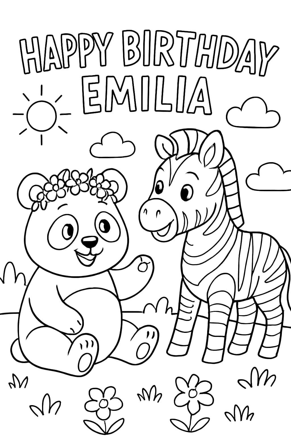Panda avec une couronne de fleurs (assis à côté d'un zèbre) disant joyeux anniversaire Emilia