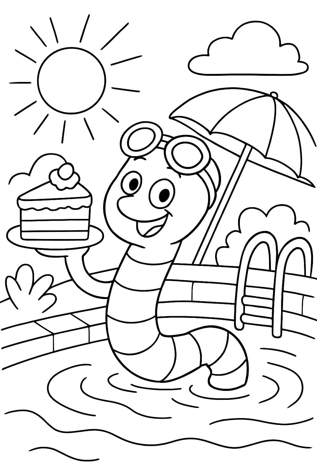 el gusano en la piscina, el gusano come pastel