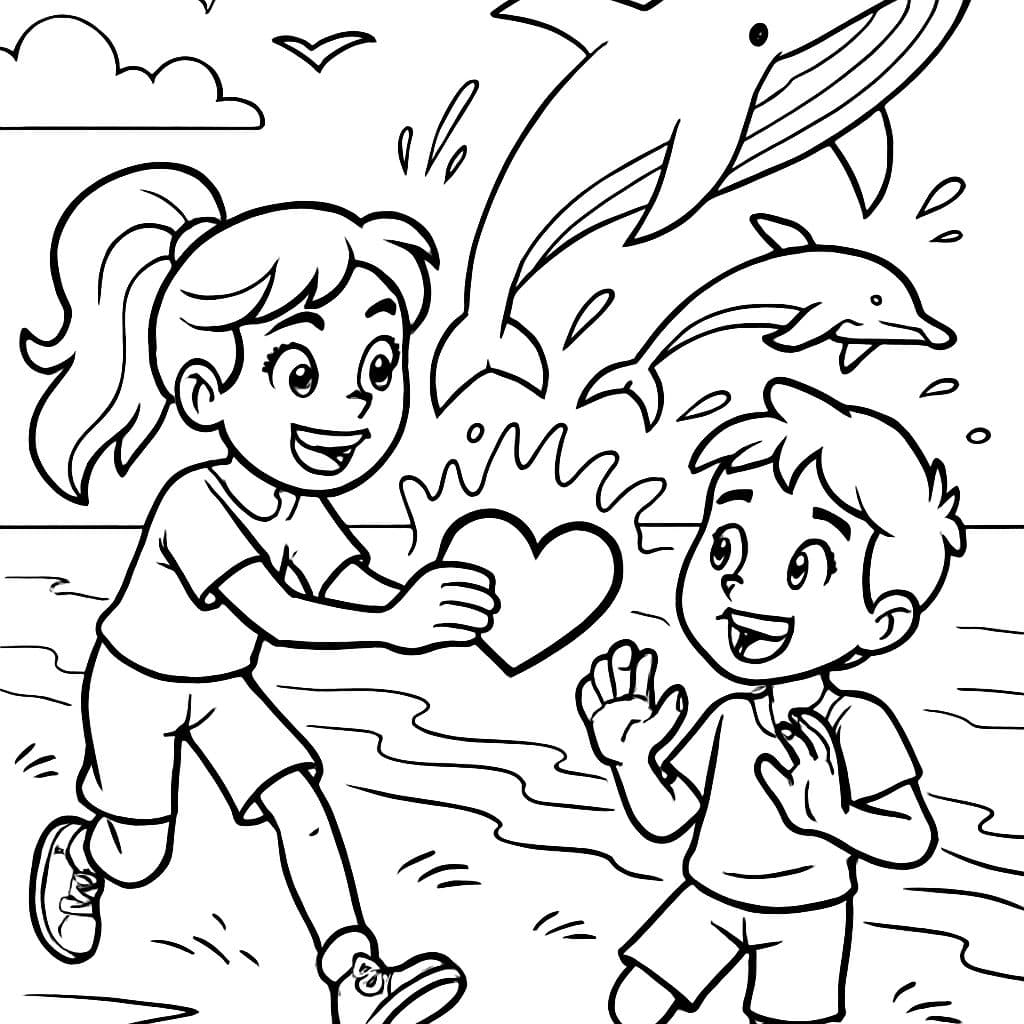 Uma garota dando um coração a um garoto ao lado de uma praia com golfinhos e baleias pulando do oceano.