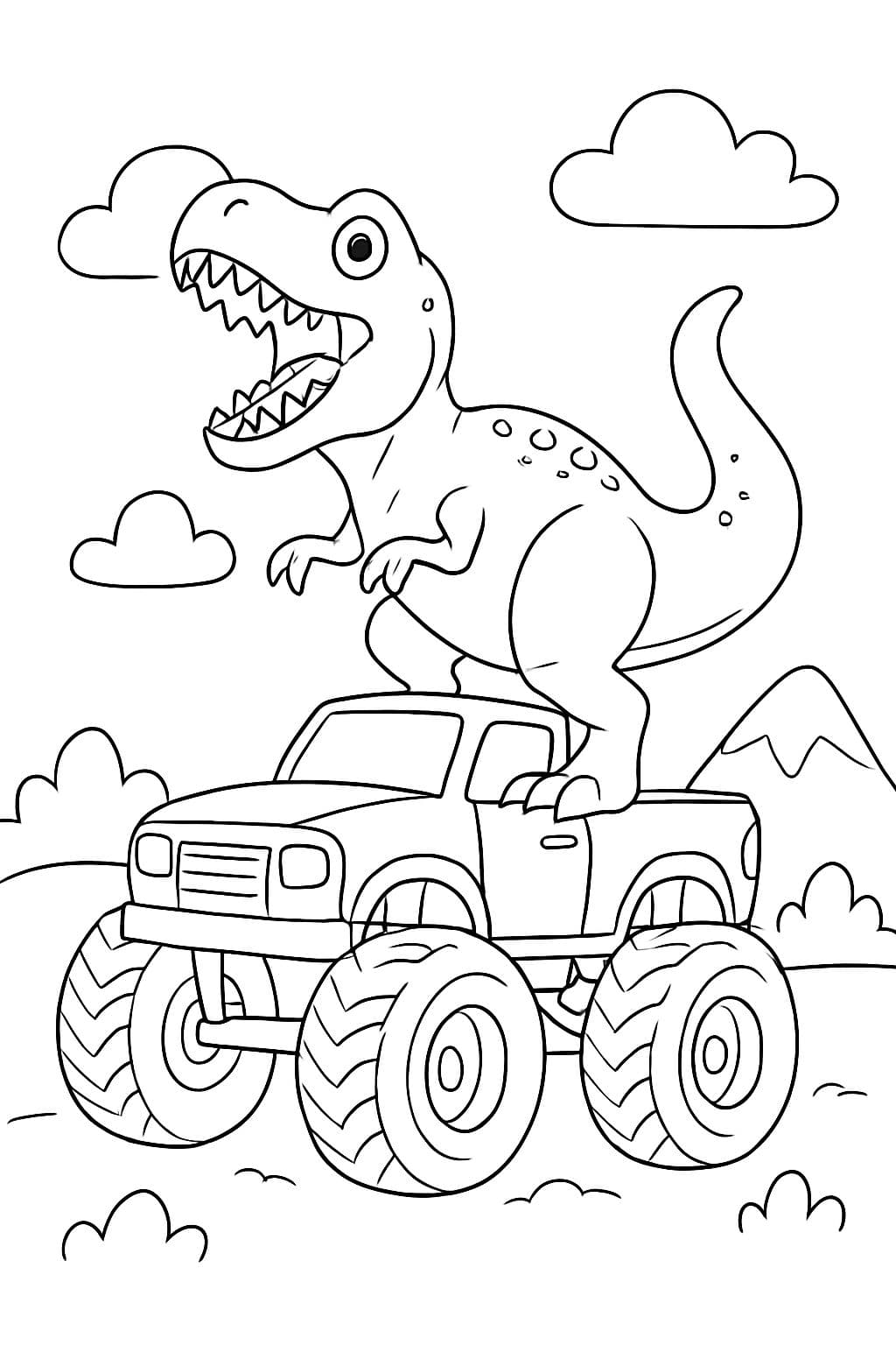 T-Rex rugiendo en la parte superior de un Monster truck
