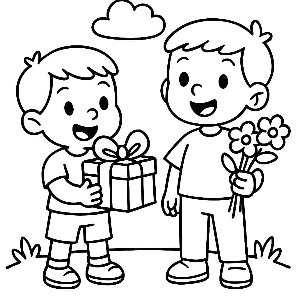 deux garçons (2 et 3 ans) avec un cadeau et des fleurs dans les mains